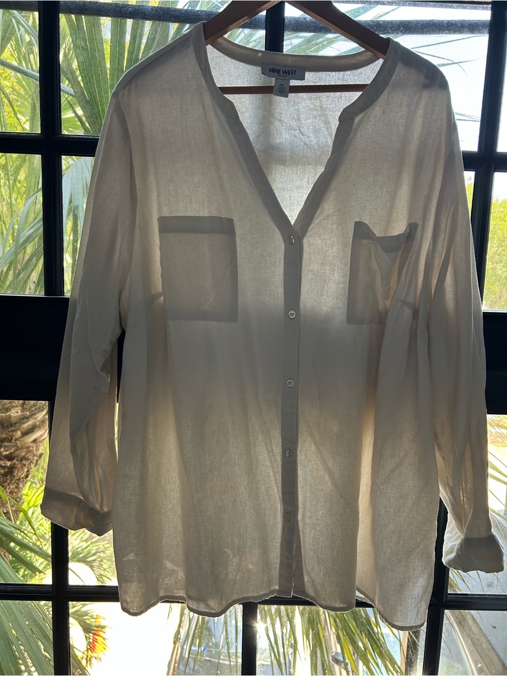 Nine West Cream Button-Up Top with Patch Pockets